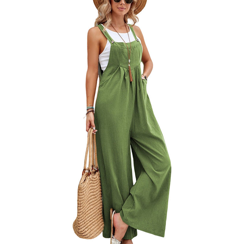 Sarah Express Women's Solid Color Cotton Suspender Trousers Casual Overall Straight Leg Mid Waist with Pockets