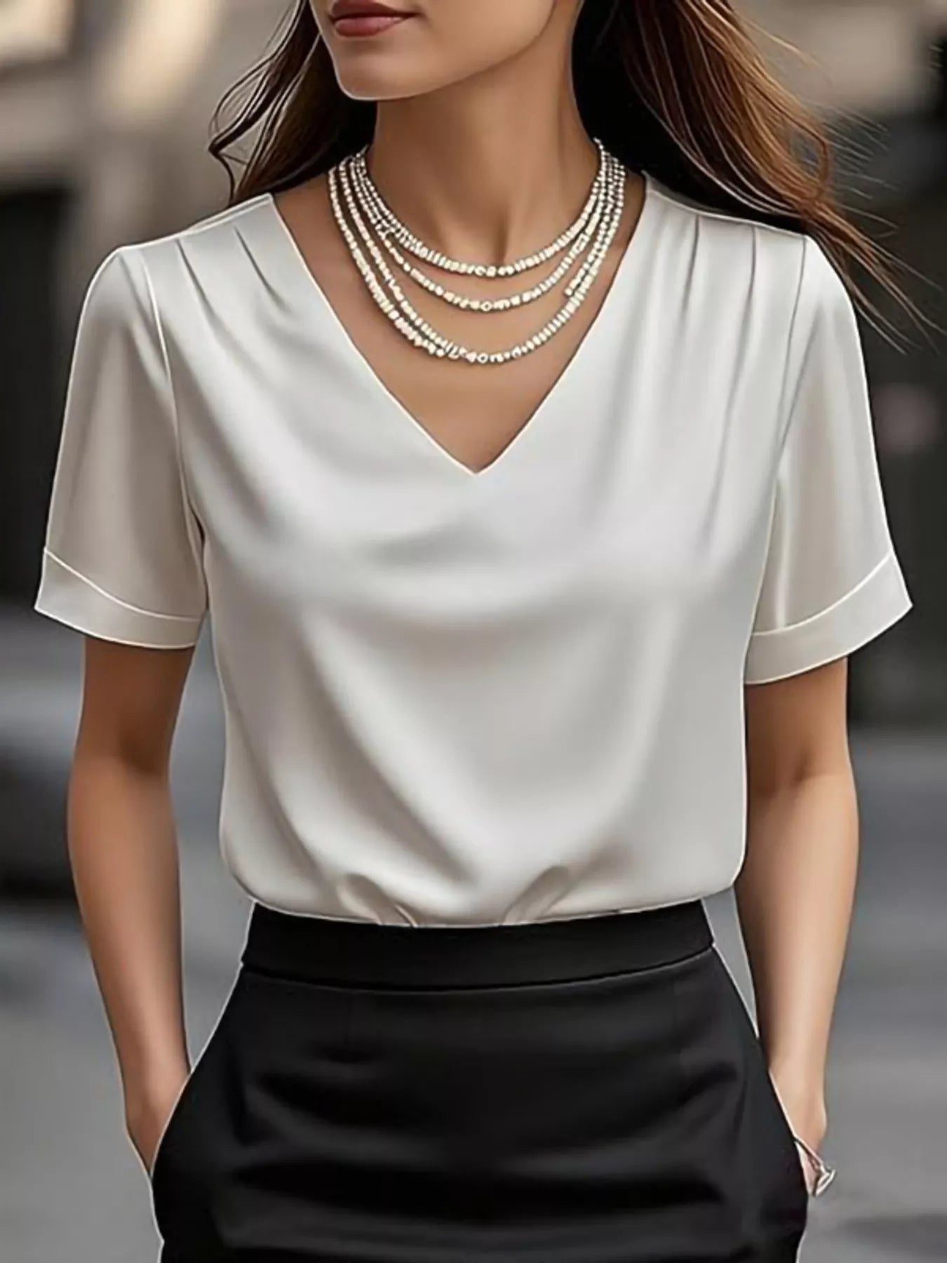 Sarah Express Women's V-Neck Short Sleeve Satin Blouse White