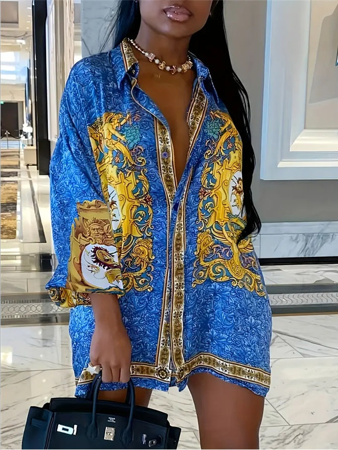Allover Print Lapel Front Button Casual Vacation Dress