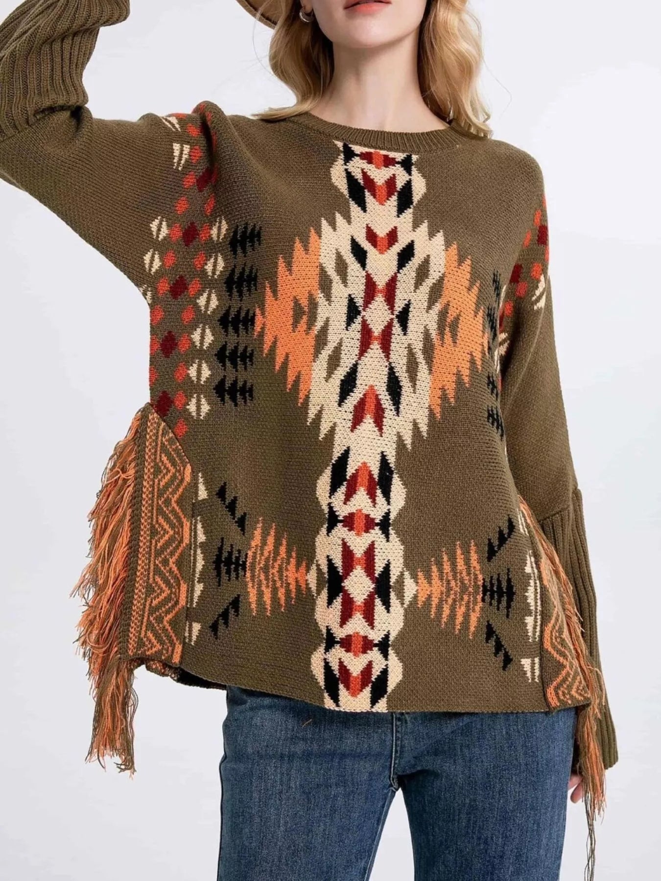 Sarah Express Women's Geometric Pattern Fringe Sweater - Boho Knit Pullover Brown