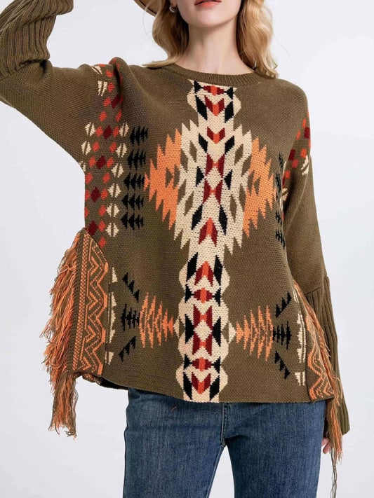 Sarah Express Women's Geometric Pattern Fringe Sweater - Boho Knit Pullover Brown