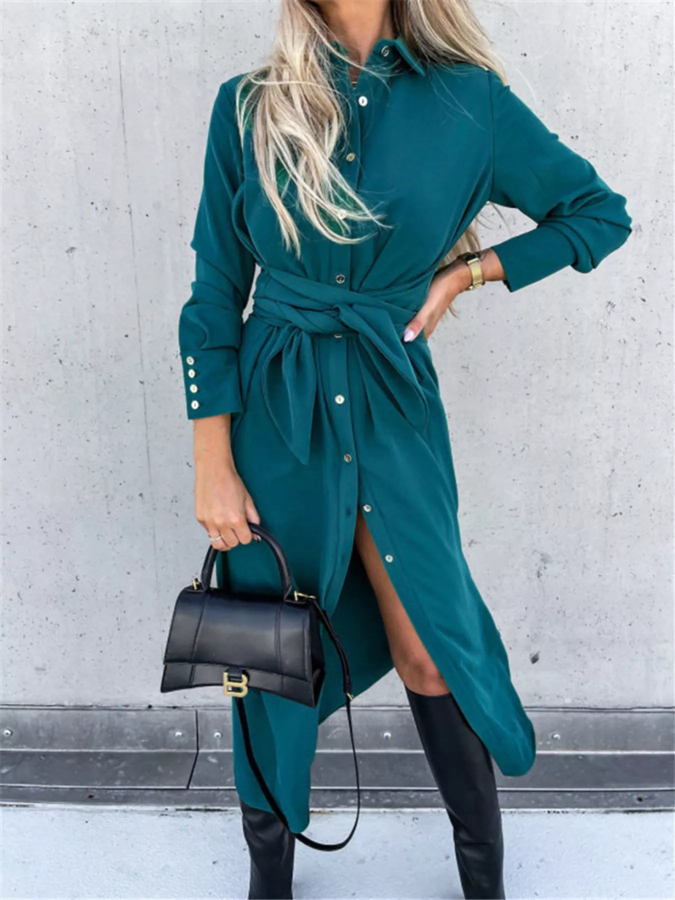 Sarah Express Women's Button Front Belted Shirt Dress - Plus Size Available Deep Teal