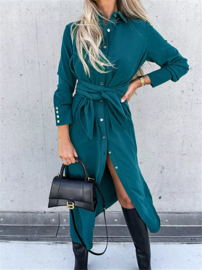 Sarah Express Women's Button Front Belted Shirt Dress - Plus Size Available Deep Teal
