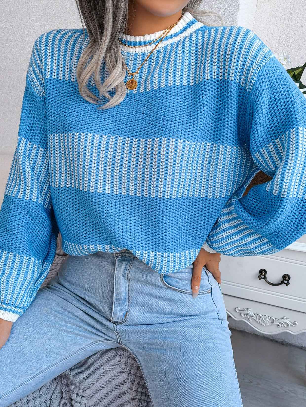 Sarah Express Women's Color Block Striped Knit Sweater - Long Sleeve Casual Pullover
