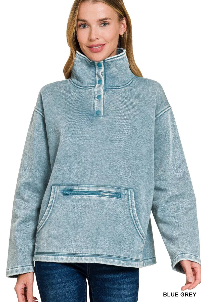 Trendsi Women's Fleece Washed High Neck Kangaroo Pocket Sweatshirt BLUE GREY