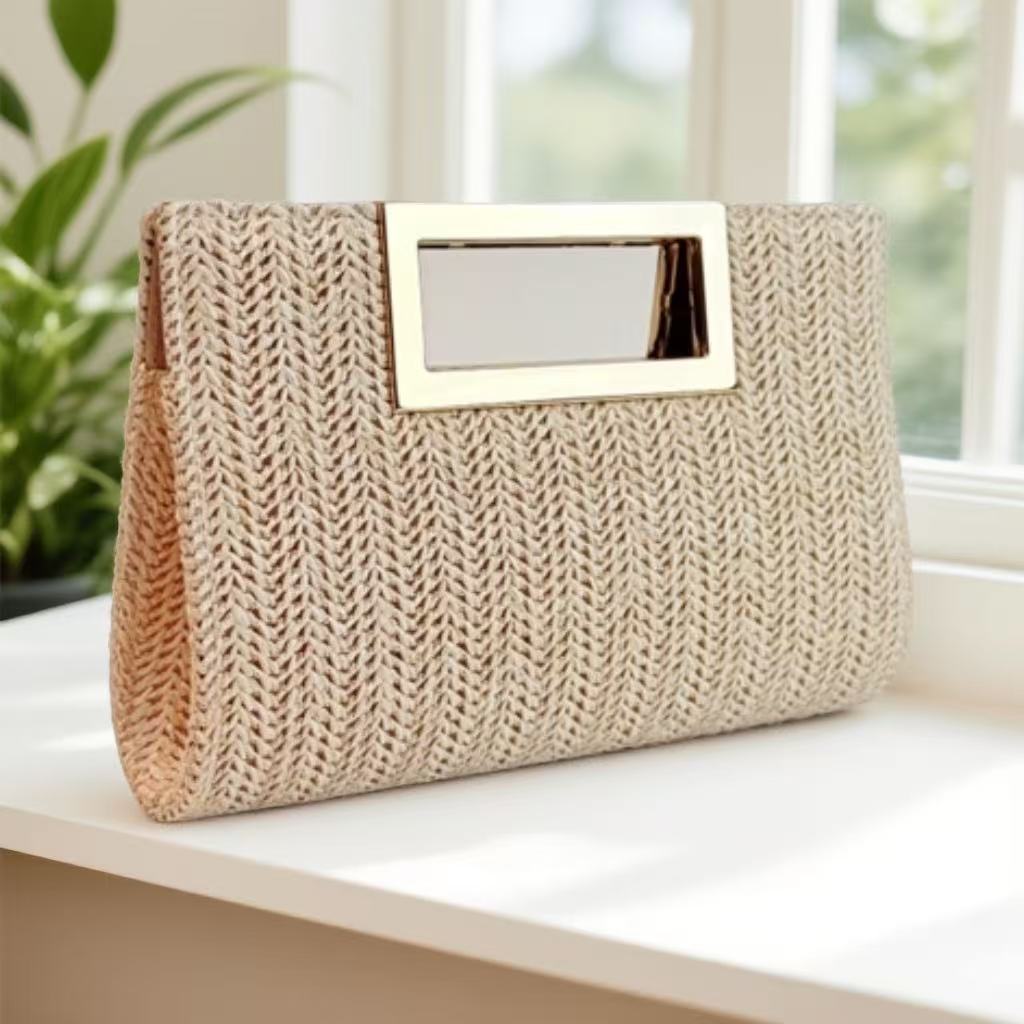 Sarah Express Women's Woven Chain Clutch Bag - Elegant Evening Handbag with Metal Accents Apricot
