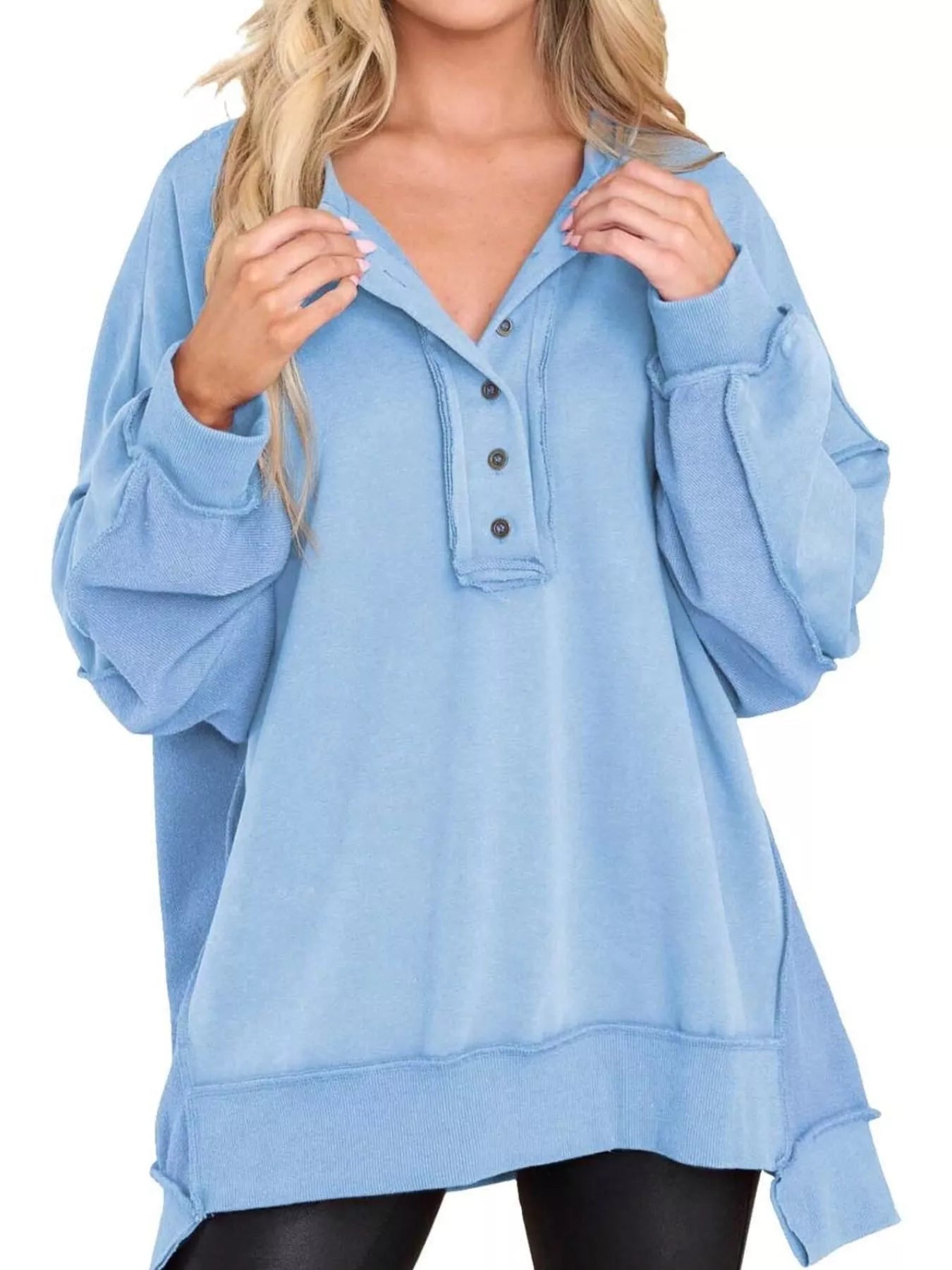 Sarah Express Women's Half Snap Long Sleeve Oversized Sweatshirt Sky Blue