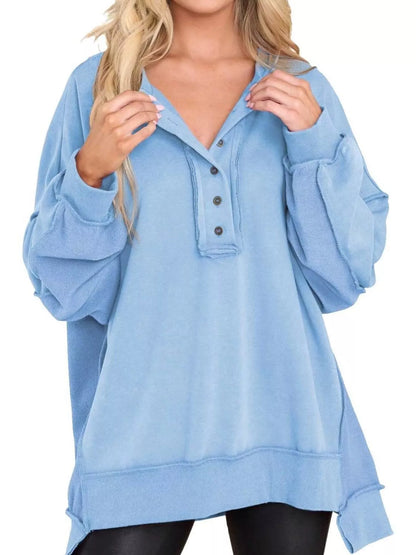 Sarah Express Women's Half Snap Long Sleeve Oversized Sweatshirt Sky Blue
