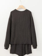 Sarah Express Women's Thankful Letter Patched Sequin Bow Sleeve Twisted Ribbed Top and Short Set