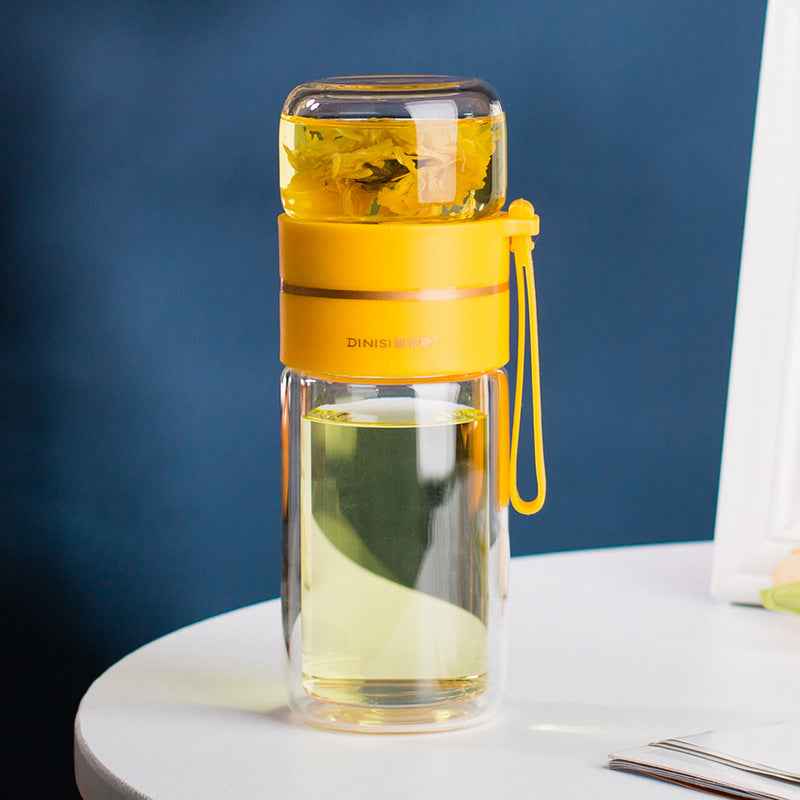 Sarah Express Premium Double Wall Glass Tea Infuser Bottle - Leak Proof Insulated Water Bottle 400-450ml Yellow 400ml