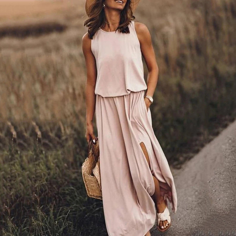 Sarah Express Women's Sleeveless Round Neck Dress with Side Split Solid Color