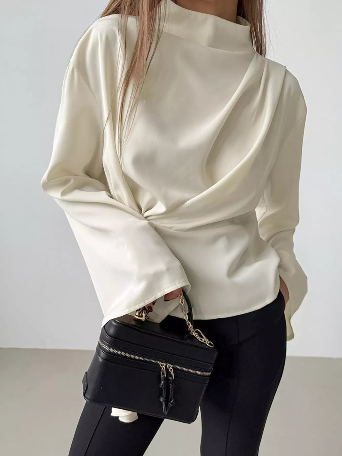 Sarah Express Women's Ruched Mock Neck Long Sleeve Blouse Cream