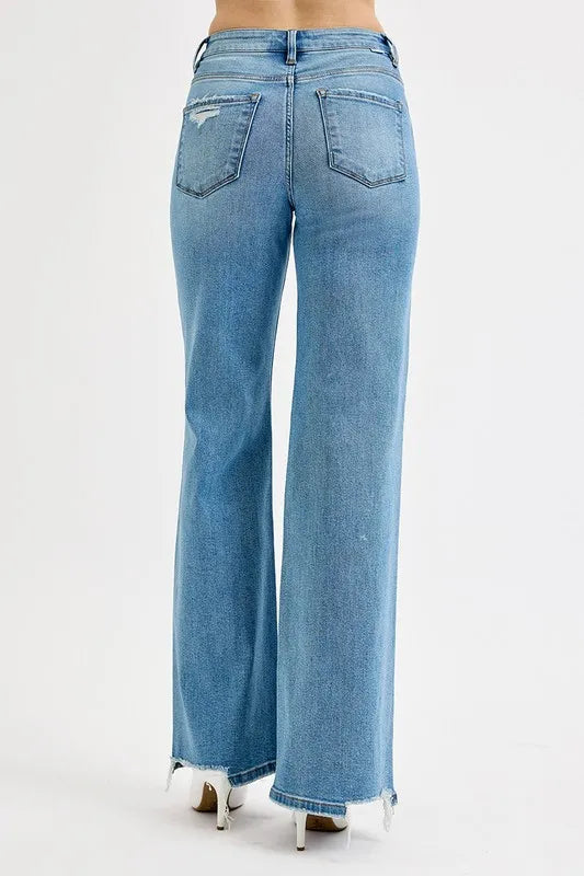 Sarah Express Women’s Plus Size High Rise Distressed Wide Leg Jeans
