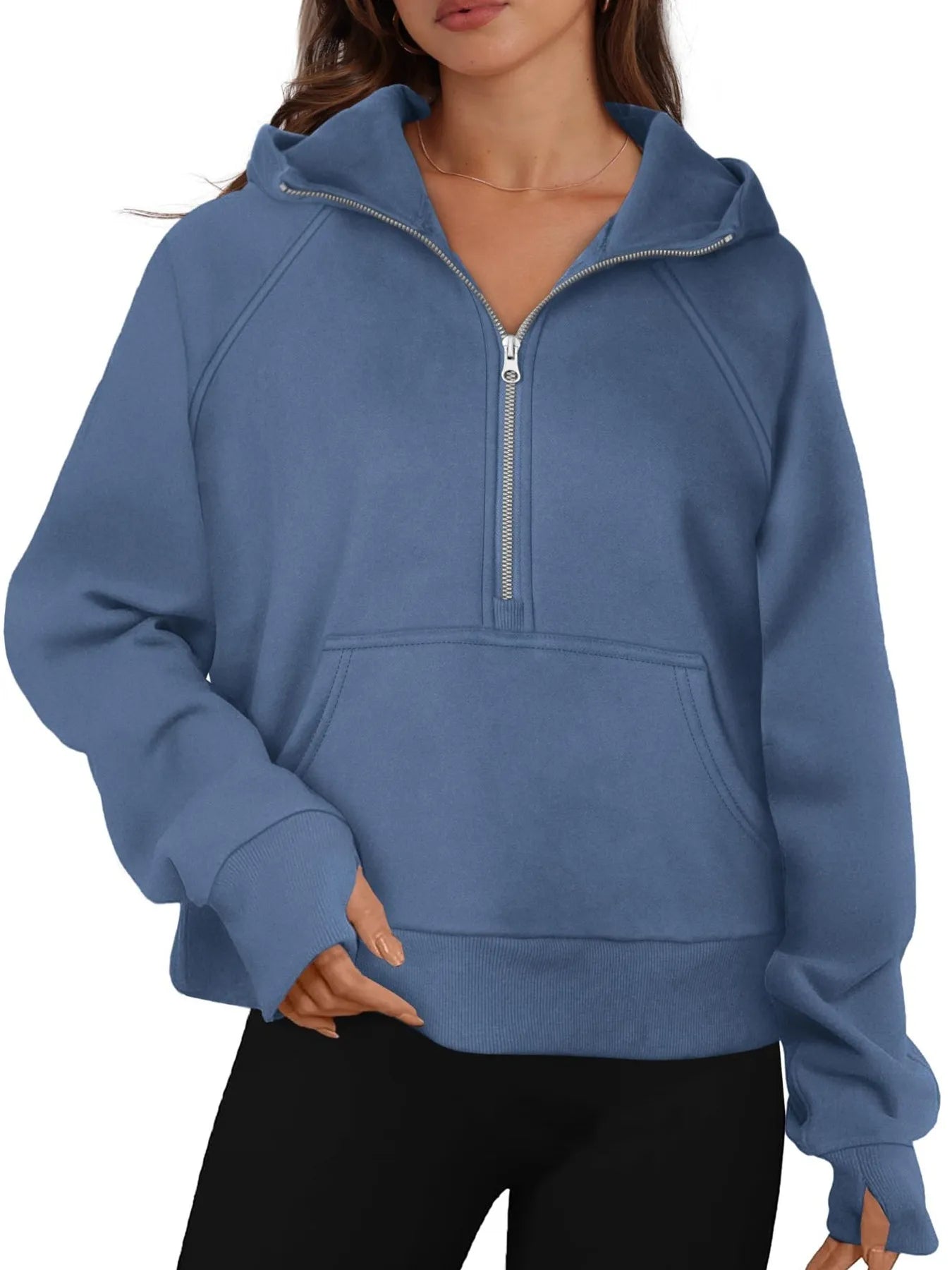 Sarah Express Women's Half-Zip Hoodie with Kangaroo Pocket - Casual Activewear Pullover Gray Blue