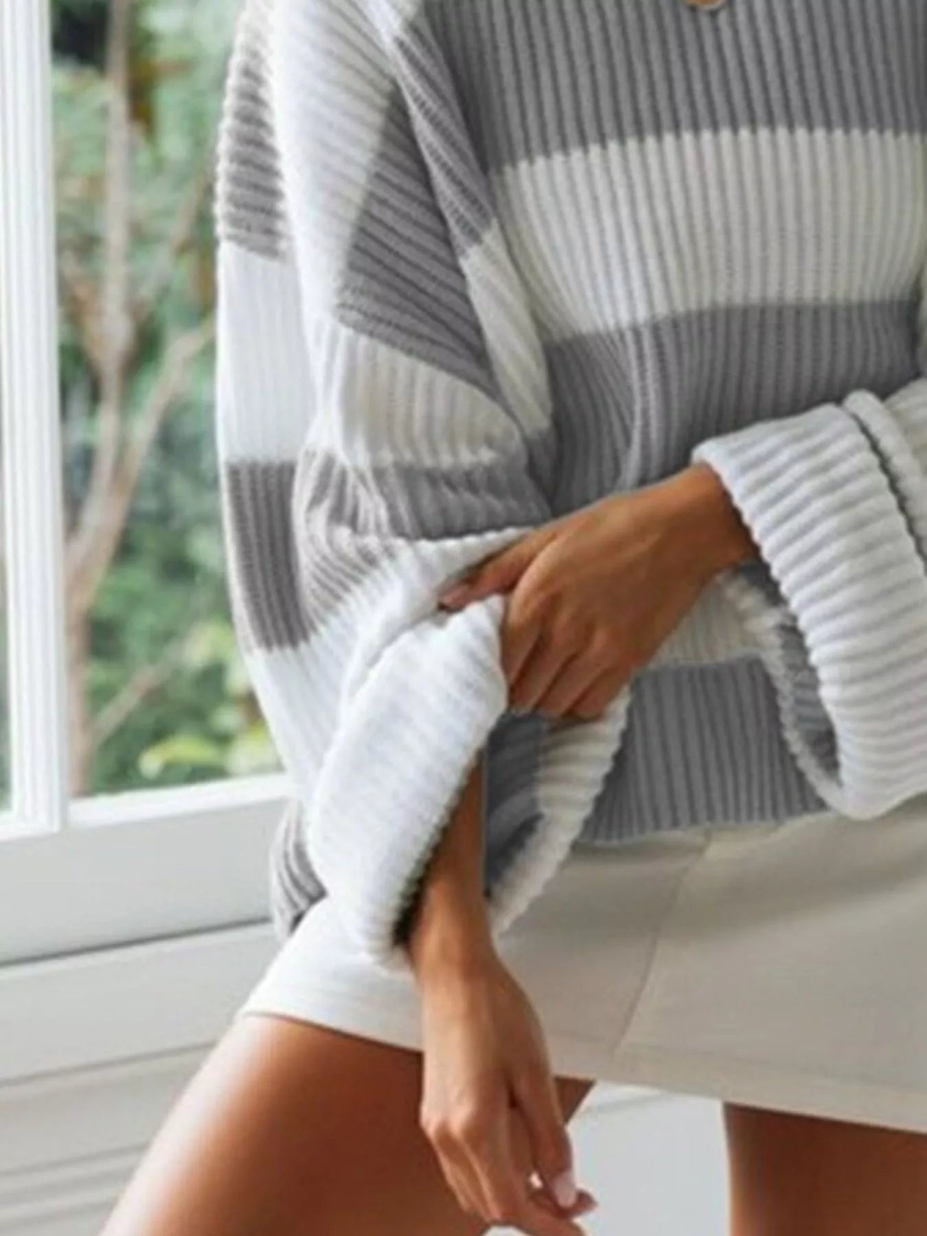 Sarah Express Women's Contrast Striped Round Neck Sweater Plus Size