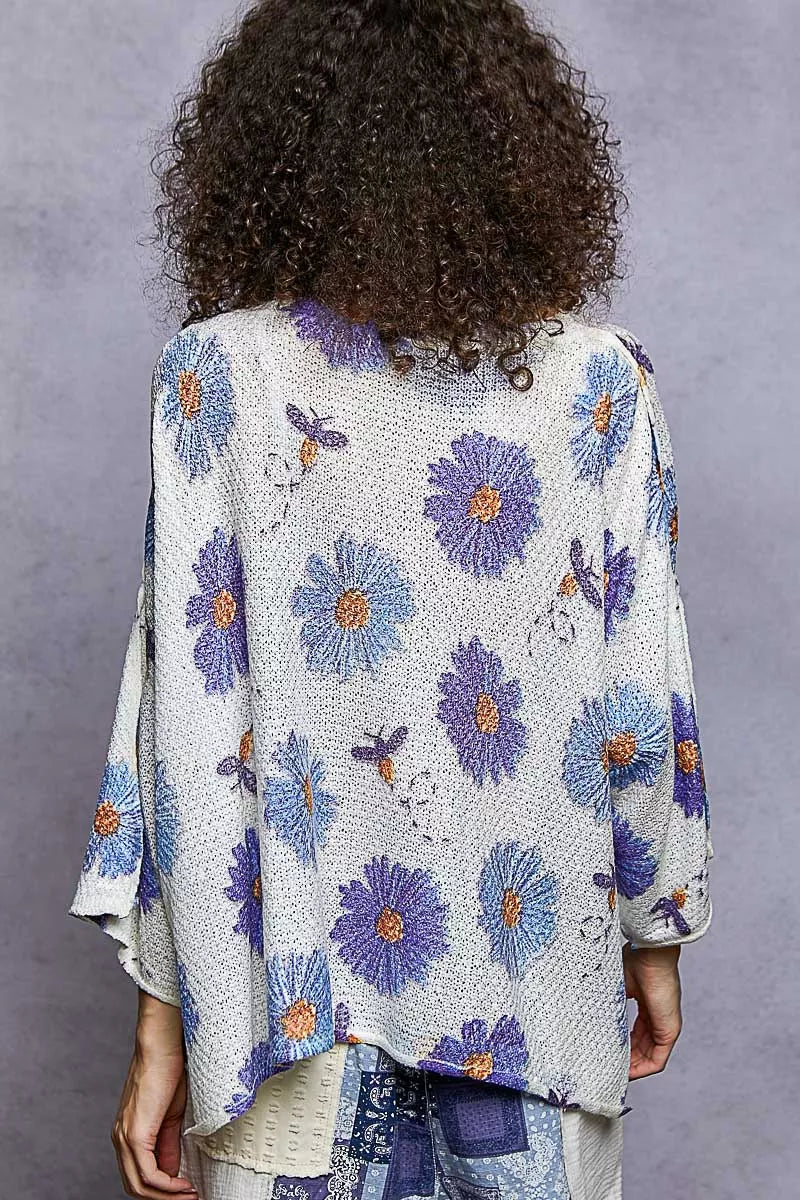 Sarah Express Women's Floral Round Neck Sweater with Rolling Edge Detail