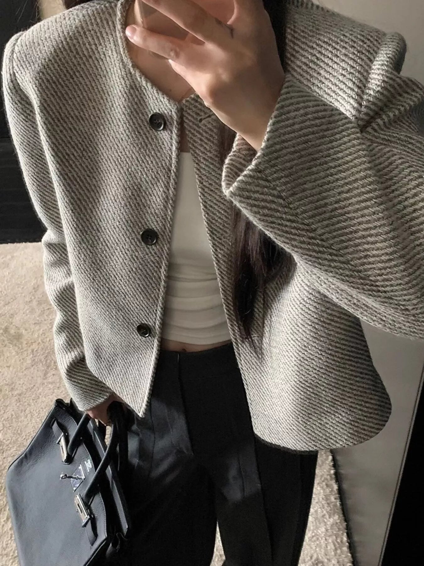 Sarah Express Women's Button Up Tweed Cropped Jacket Light Gray