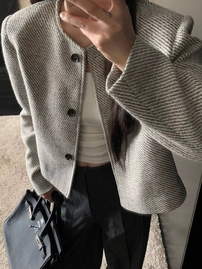 Sarah Express Women's Button Up Tweed Cropped Jacket Light Gray