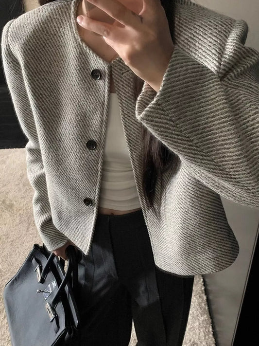 Sarah Express Women's Button Up Tweed Cropped Jacket Light Gray