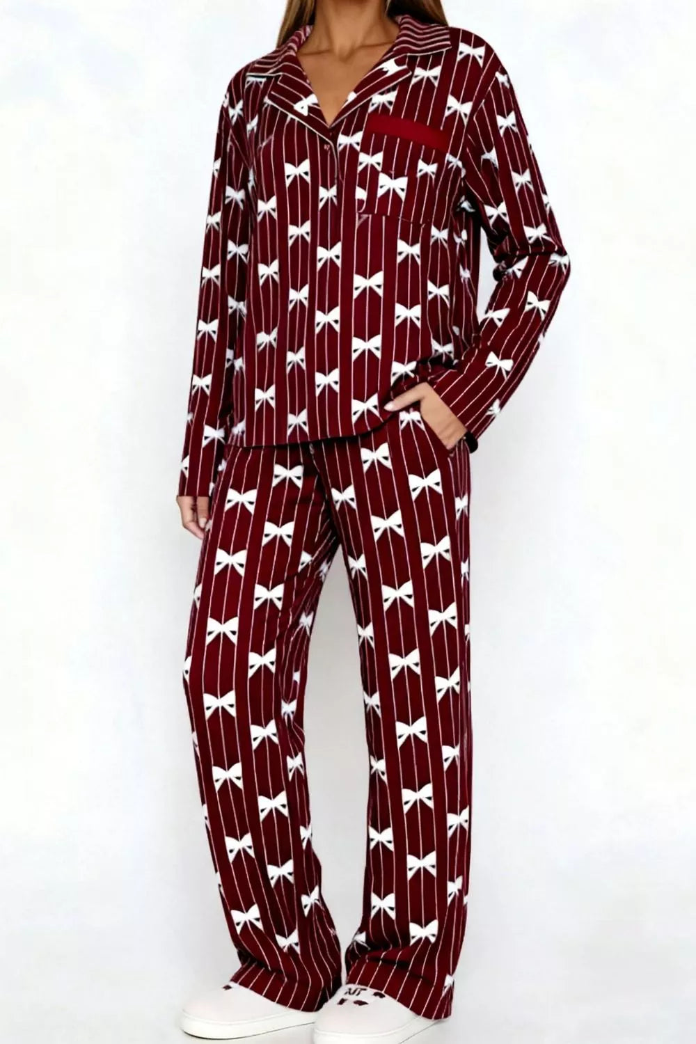 Sarah Express Women's Bow Print Lounge Set - Button-Up Top and Wide Leg Pants Dark Brown