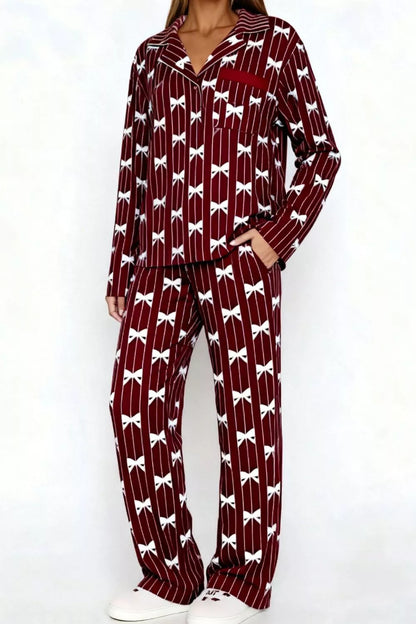 Sarah Express Women's Bow Print Lounge Set - Button-Up Top and Wide Leg Pants Dark Brown