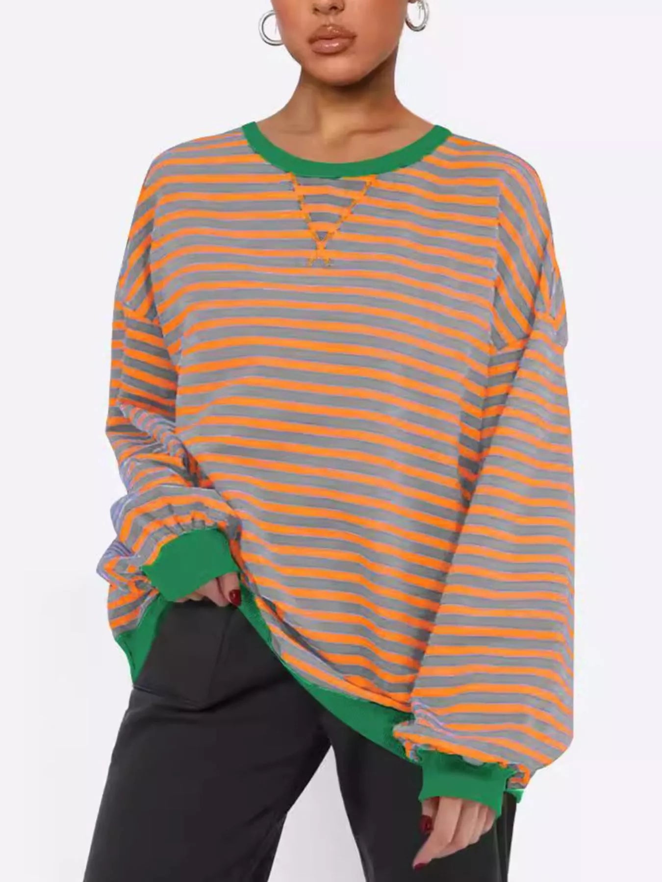 Sarah Express Women's Striped Round Neck Long Sleeve Sweatshirt