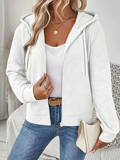 Sarah Express Women's Textured Zip-Up Hooded Jacket - Drawstring Hoodie White