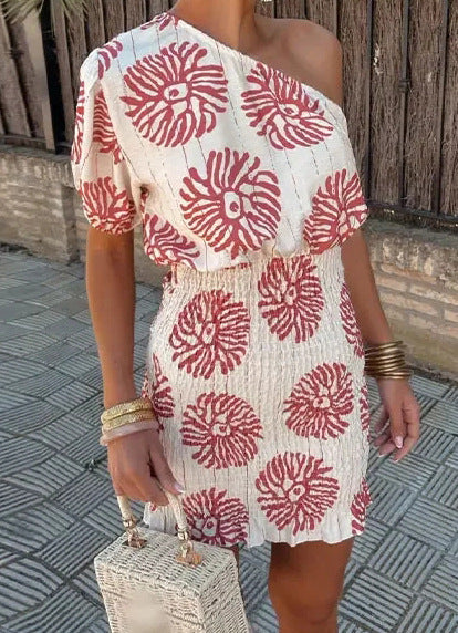 Sarah Express One Shoulder Printed Dress Red Asymmetric A-Line Party Dress