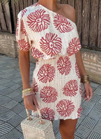 Sarah Express One Shoulder Printed Dress Red Asymmetric A-Line Party Dress