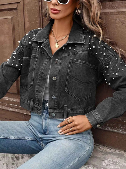 Sarah Express Women's Pearl Embellished Cropped Denim Jacket Dark Gray