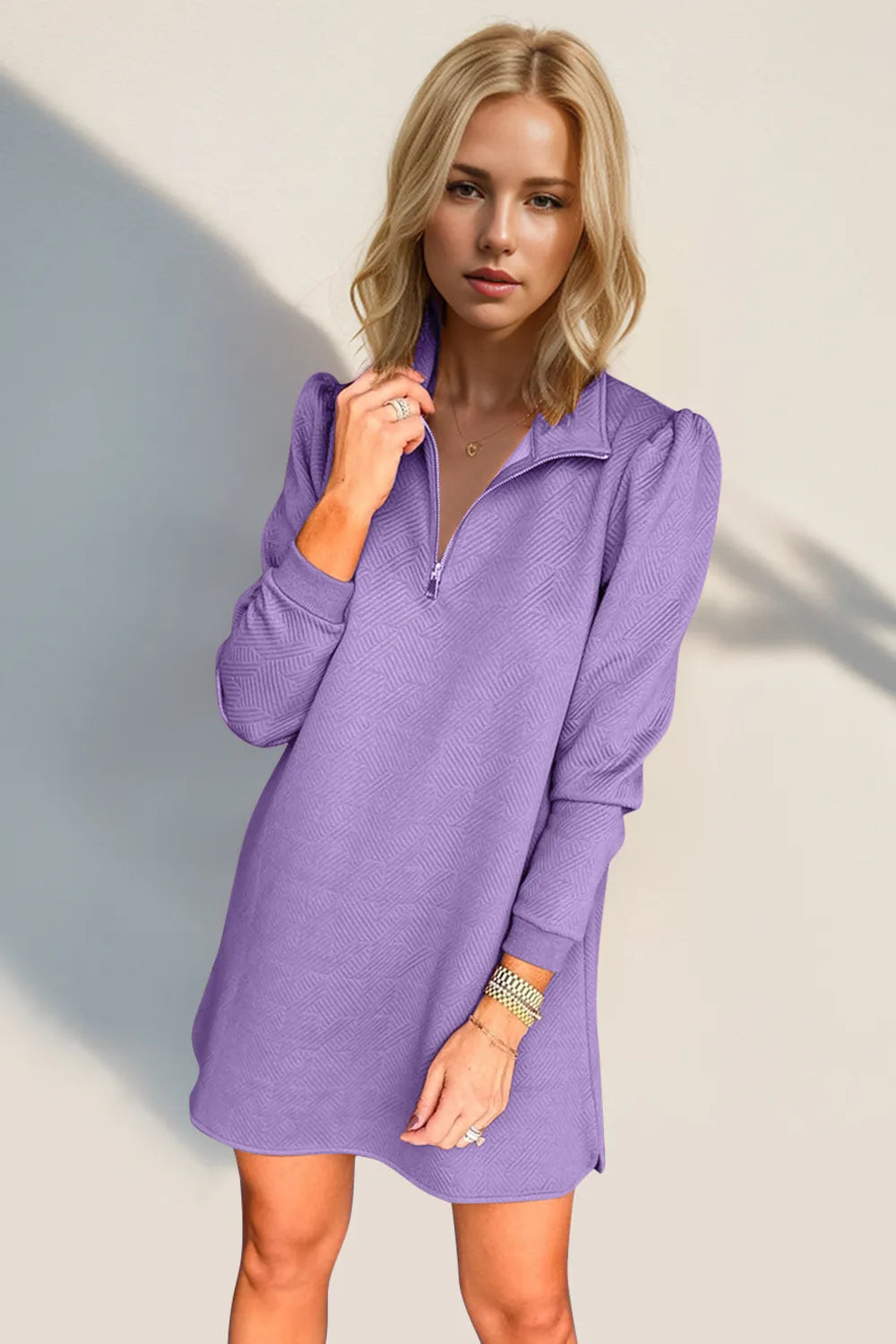 Sarah Express Women's Textured Quarter Zip Long Sleeve Dress Lavender