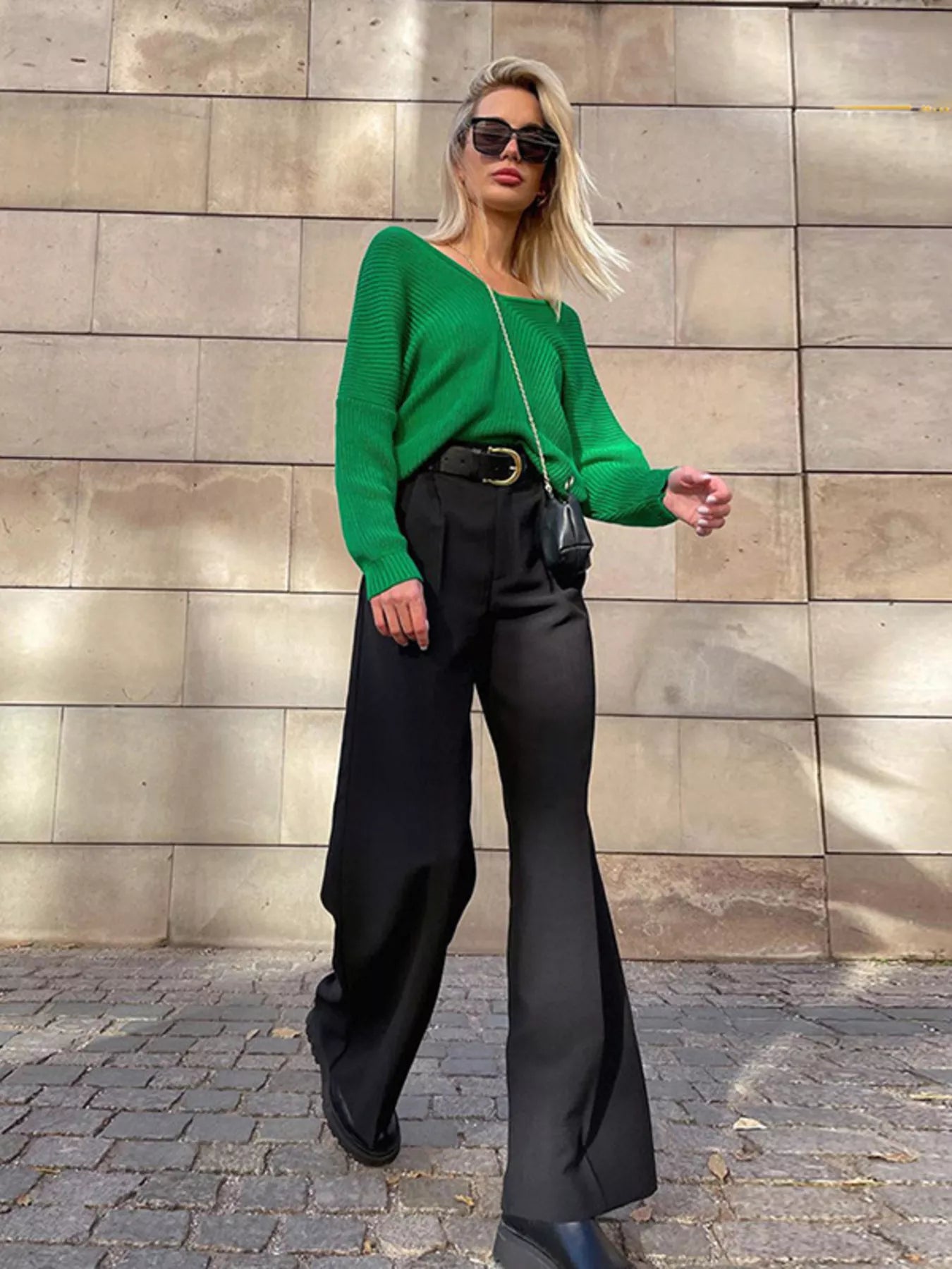 Sarah Express Women's Wide Leg Pleated Pants with Pockets - High Waist Palazzo Trousers