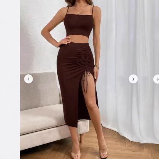 Sarah Express Women's Sleeveless Slim Fit Two Piece Dress Set with Split Skirt