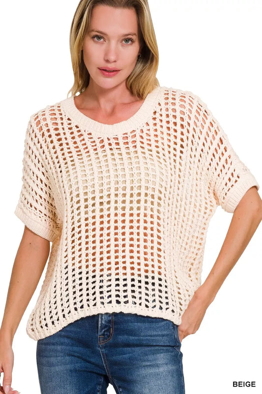 Sarah Express Women's Crochet Fishnet Cover Up - Short Sleeve Beach Knit Top BEIGE
