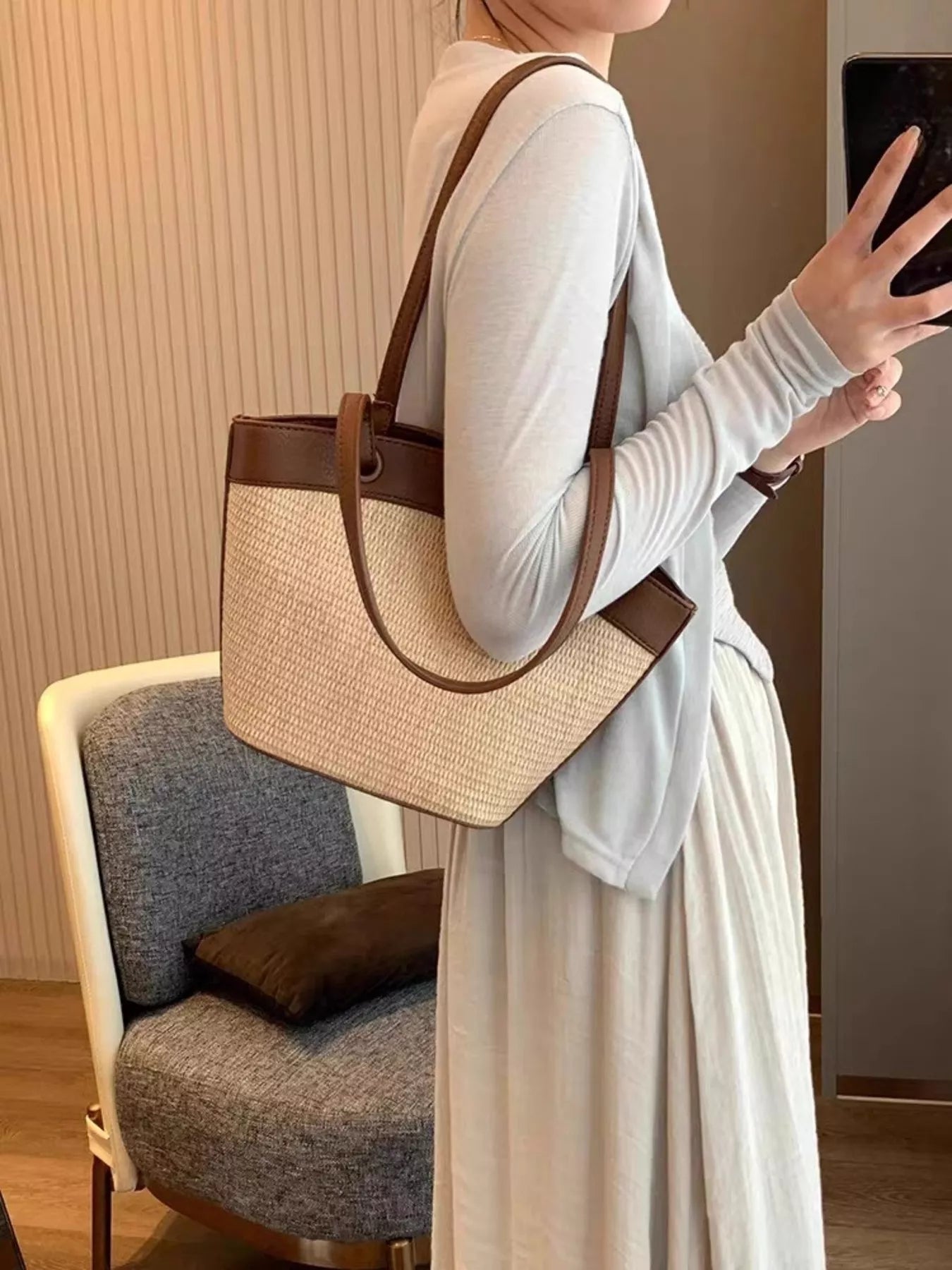 Sarah Express Women's Contrast Trim Straw Shoulder Bag Brown ONESIZE