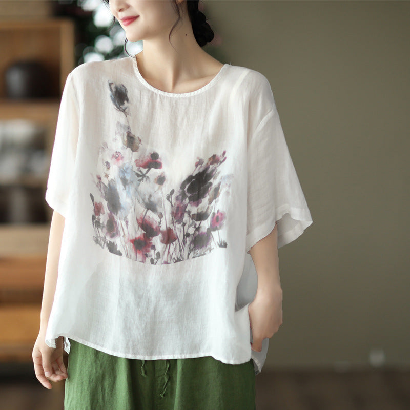Sarah Express Vintage Ink Print High-Low Hem T-Shirt Hemp Blend Short Sleeve