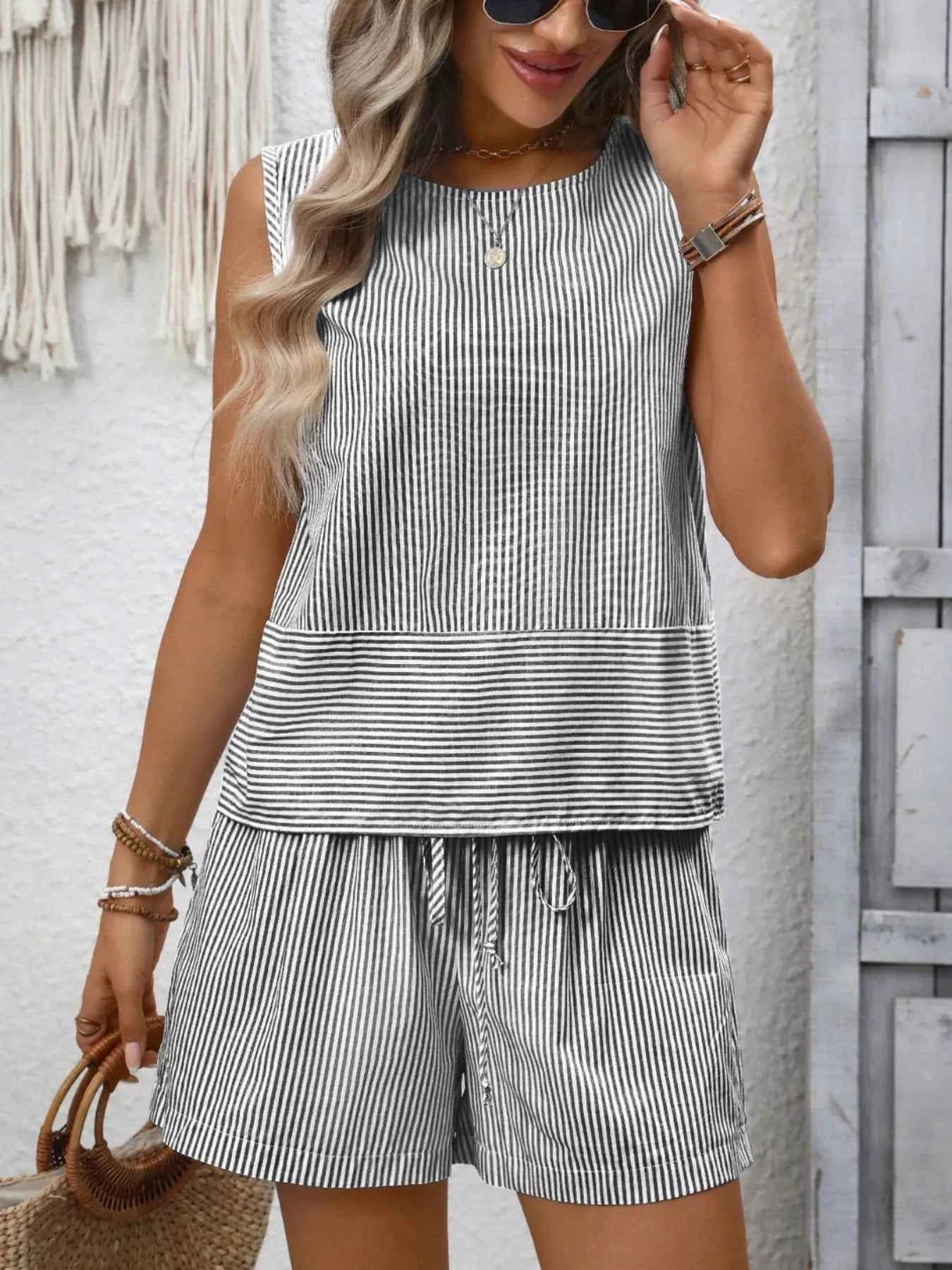 Sarah Express Women's Striped Sleeveless Top & Drawstring Shorts Set - Two Piece Summer Outfit