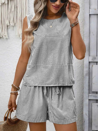 Sarah Express Women's Striped Sleeveless Top & Drawstring Shorts Set - Two Piece Summer Outfit