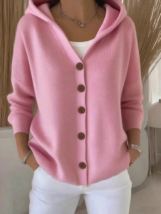 Sarah Express Women's Hooded Button-Down Knit Cardigan Pink