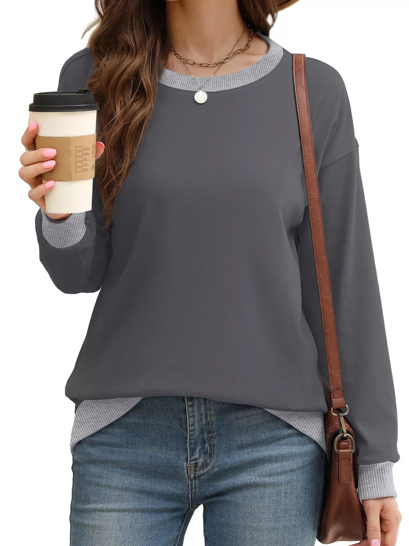 Sarah Express Women's Contrast Trim Crew Neck Casual Sweatshirt