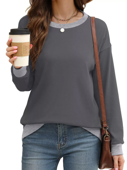 Sarah Express Women's Contrast Trim Crew Neck Casual Sweatshirt