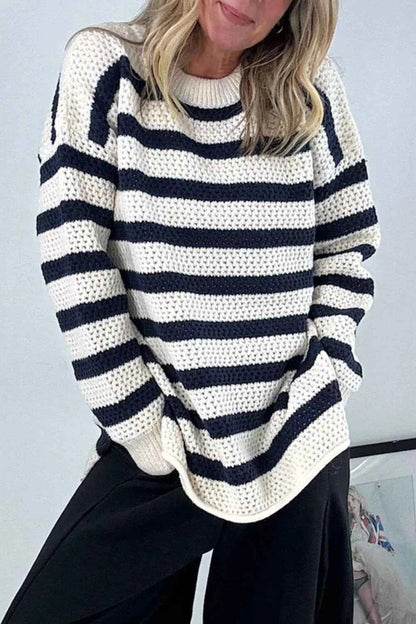 Sarah Express Women's Striped Knit Dropped Shoulder Sweater - Ribbed Long Sleeve Top