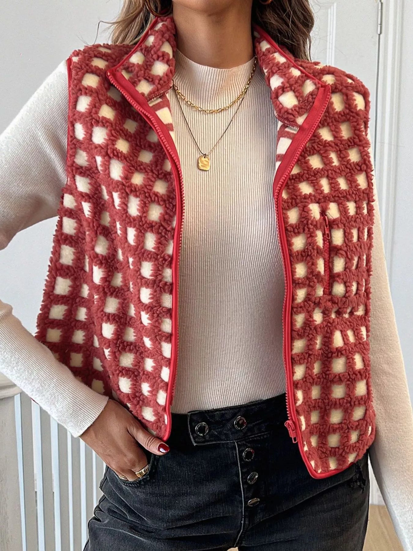 Sarah Express Women's Plaid Zip Up Vest Coat with Pockets - Sleeveless Outerwear Jacket