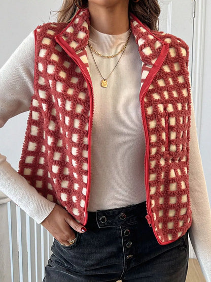 Sarah Express Women's Plaid Zip Up Vest Coat with Pockets - Sleeveless Outerwear Jacket