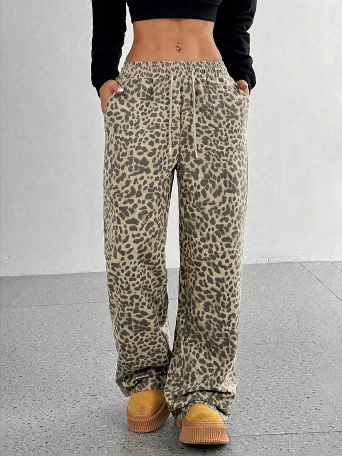 Sarah Express Women's Leopard Print Wide Leg Pants Plus Size Khaki