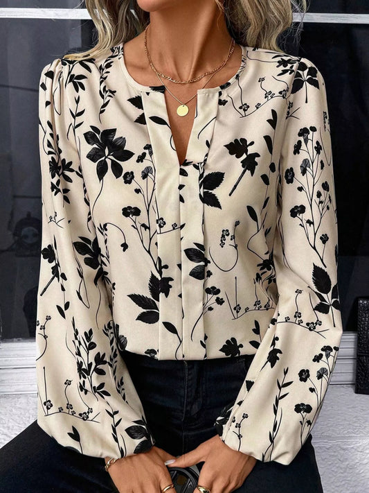 Sarah Express Women's Floral Print Split Neck Long Sleeve Blouse Beige