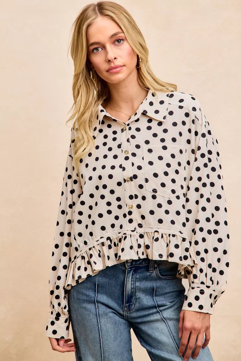 Sarah Express Women's Crinkle Polka Dot Ruffled Hem Button Up Shirt Top