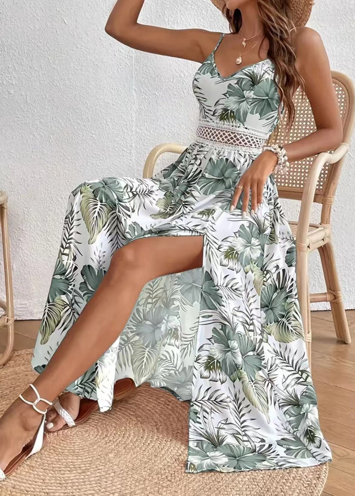 Sarah Express Women's Printed V Neck Midi Dress Lace Detail High Slit Sleeveless