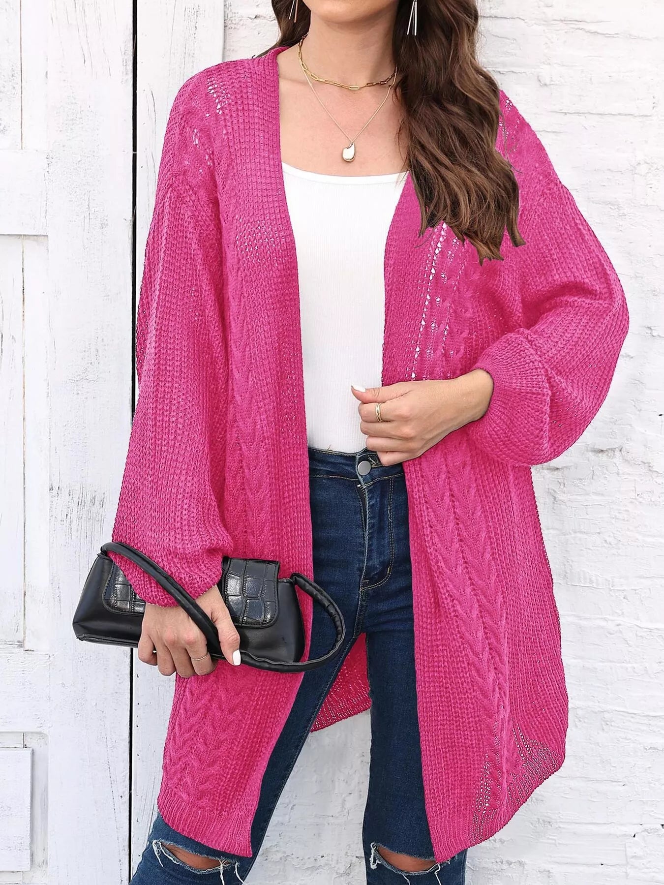 Sarah Express Women's Open Front Long Sleeve Cable-Knit Cardigan Fuchsia Pink One Size