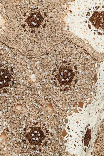 Sarah Express Women's Floral Weave Pattern Crochet Cropped Top with Beads Detail